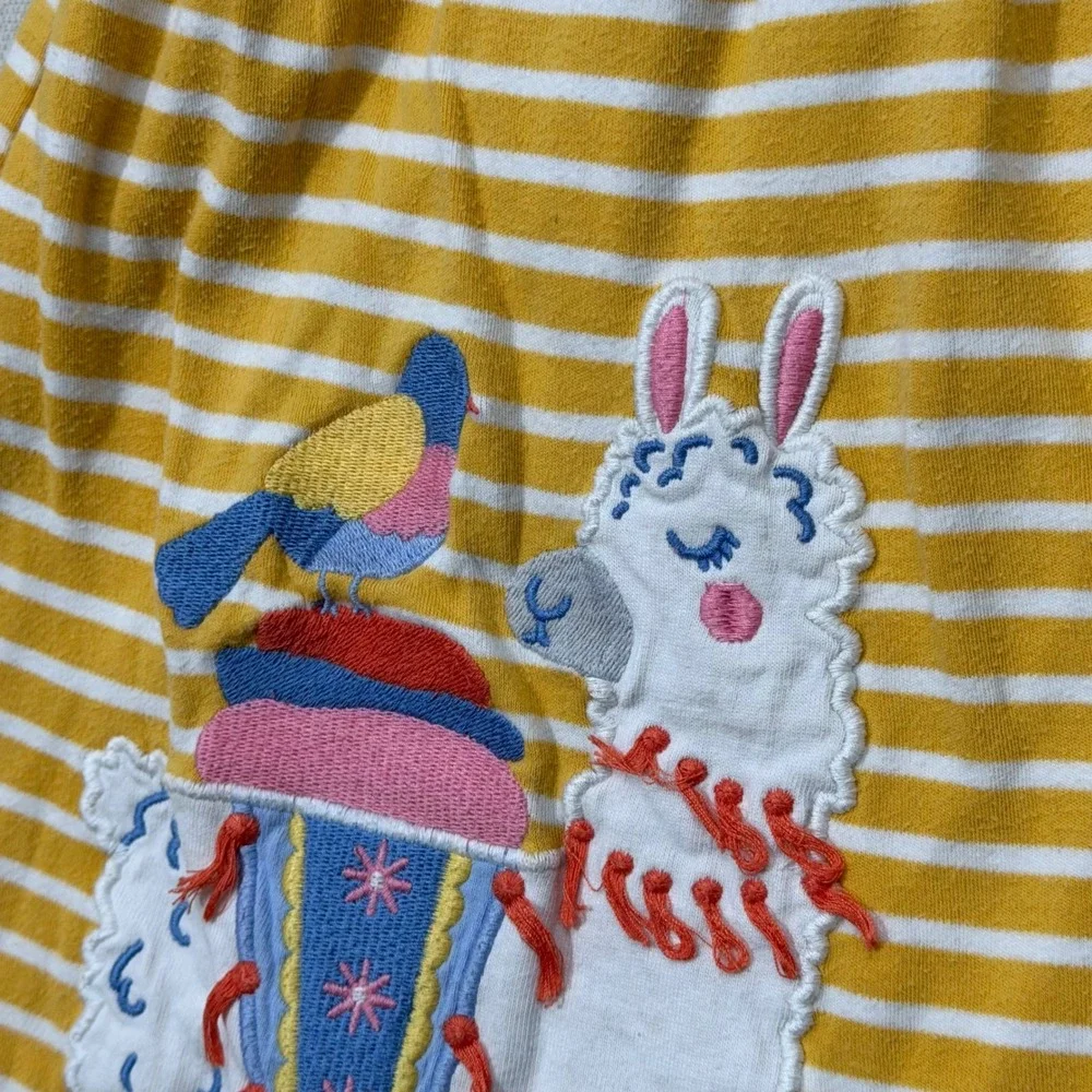 JoJo Maman Bebe Girls 4-5Y Mustard Stripe Llama Applique Cotton Dress